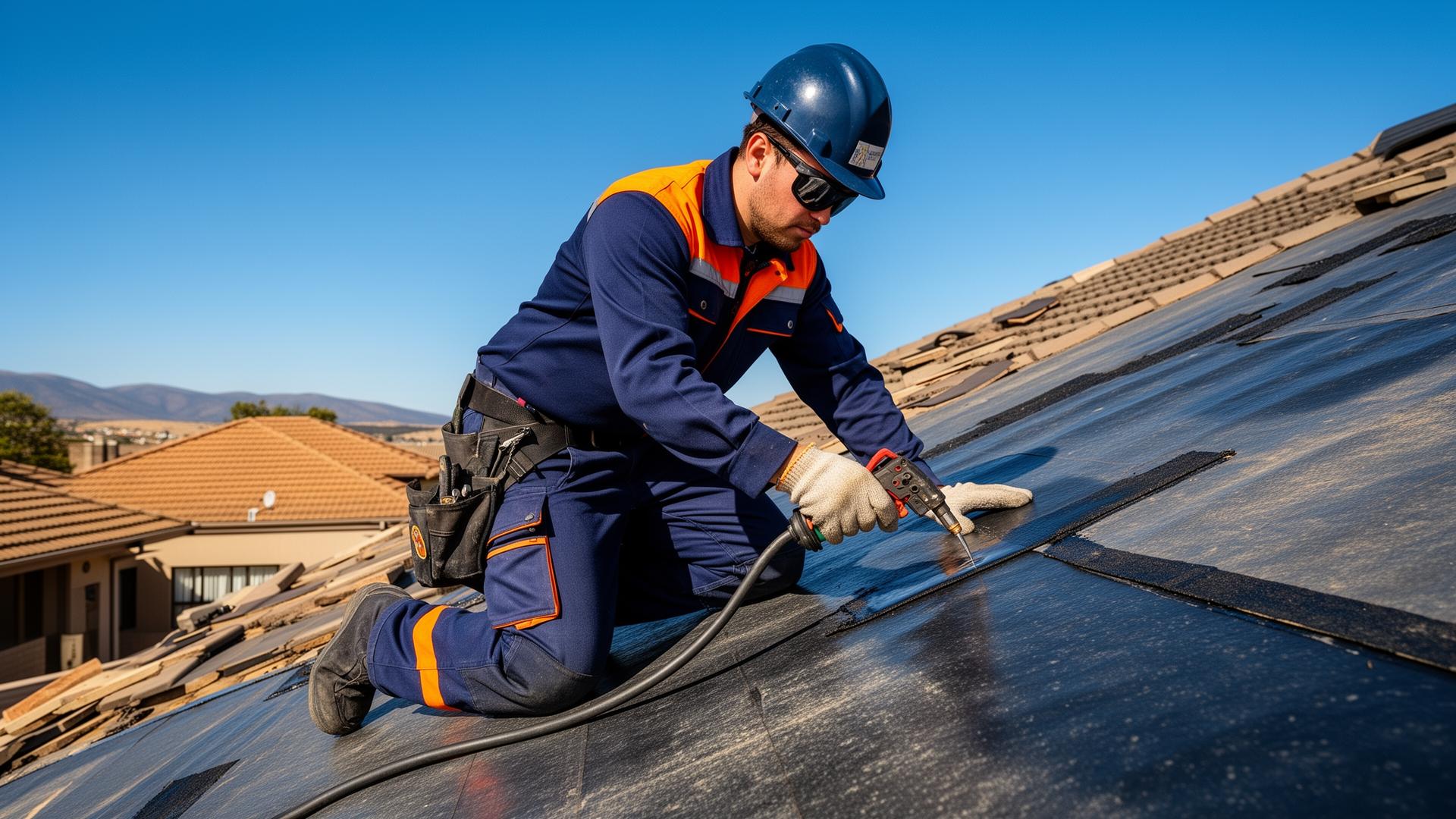 Tlou Projects technician applying waterproofing membrane on a roof